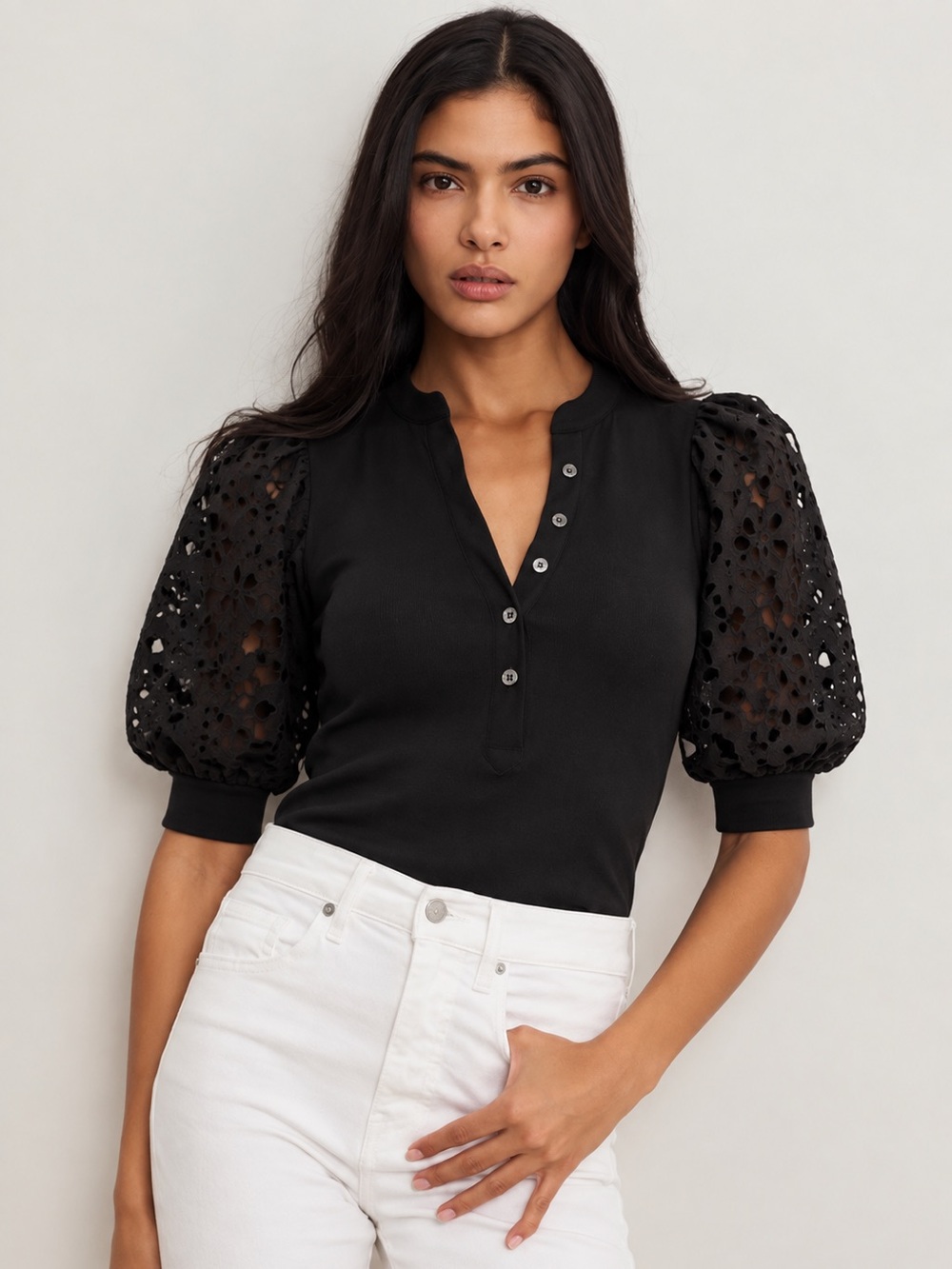 Veronica Beard Coralee Eyelet Puff Sleeve Henley Top XS